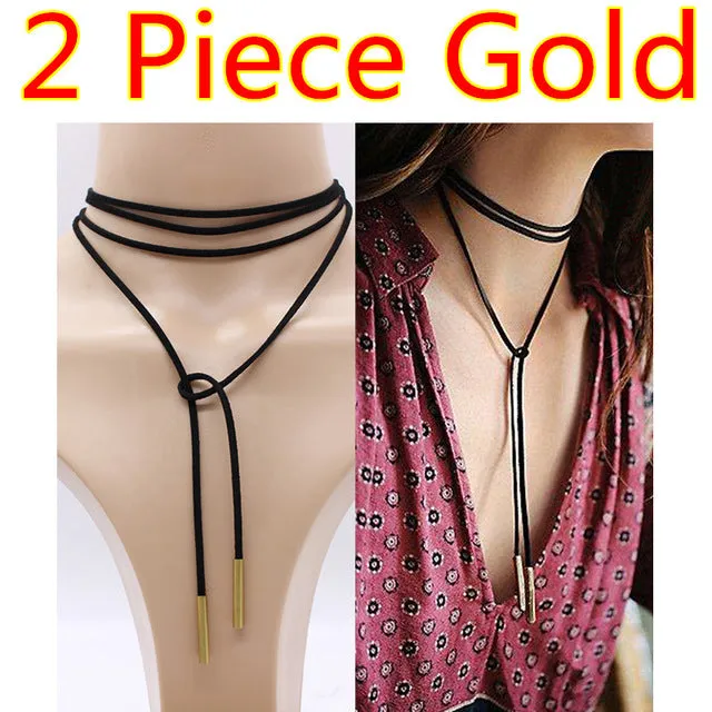 2PCS 2017 New choker necklace black leather punk korea Long Rope chain collier femme sexy statement steampunk Tube velvet choker