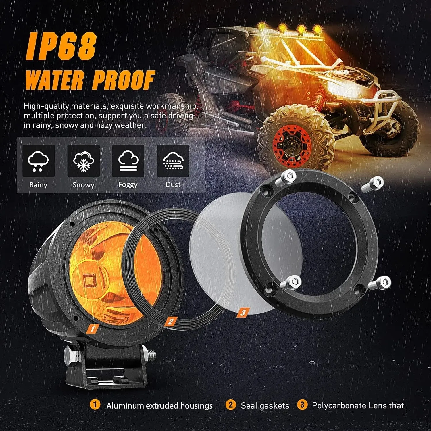 3 Inch 10W 800LM Amber Round Built-in EMC LED Pods (Pair)