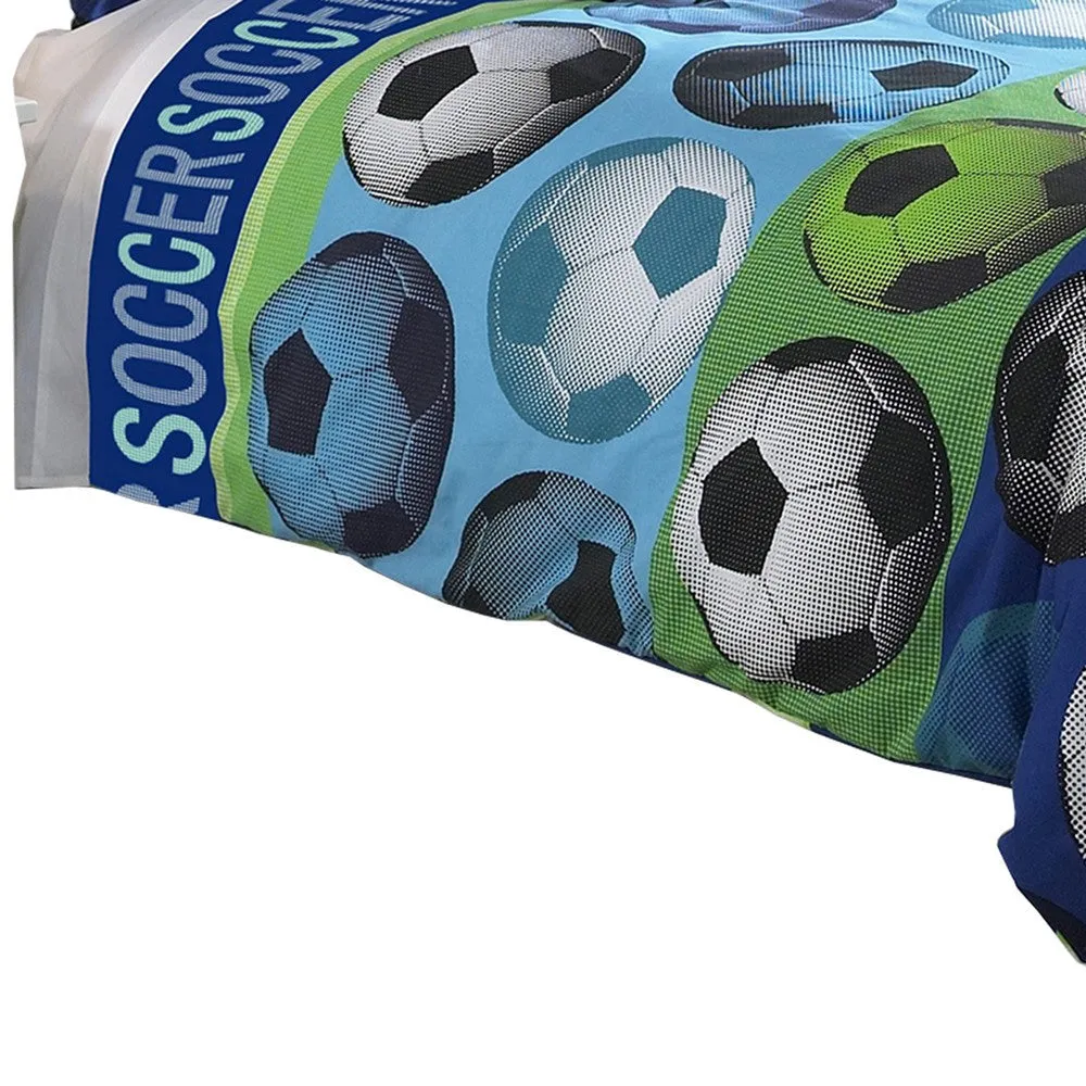 3 Piece Twin Size Comforter Set with Soccer Theme, Multicolor By Casagear Home