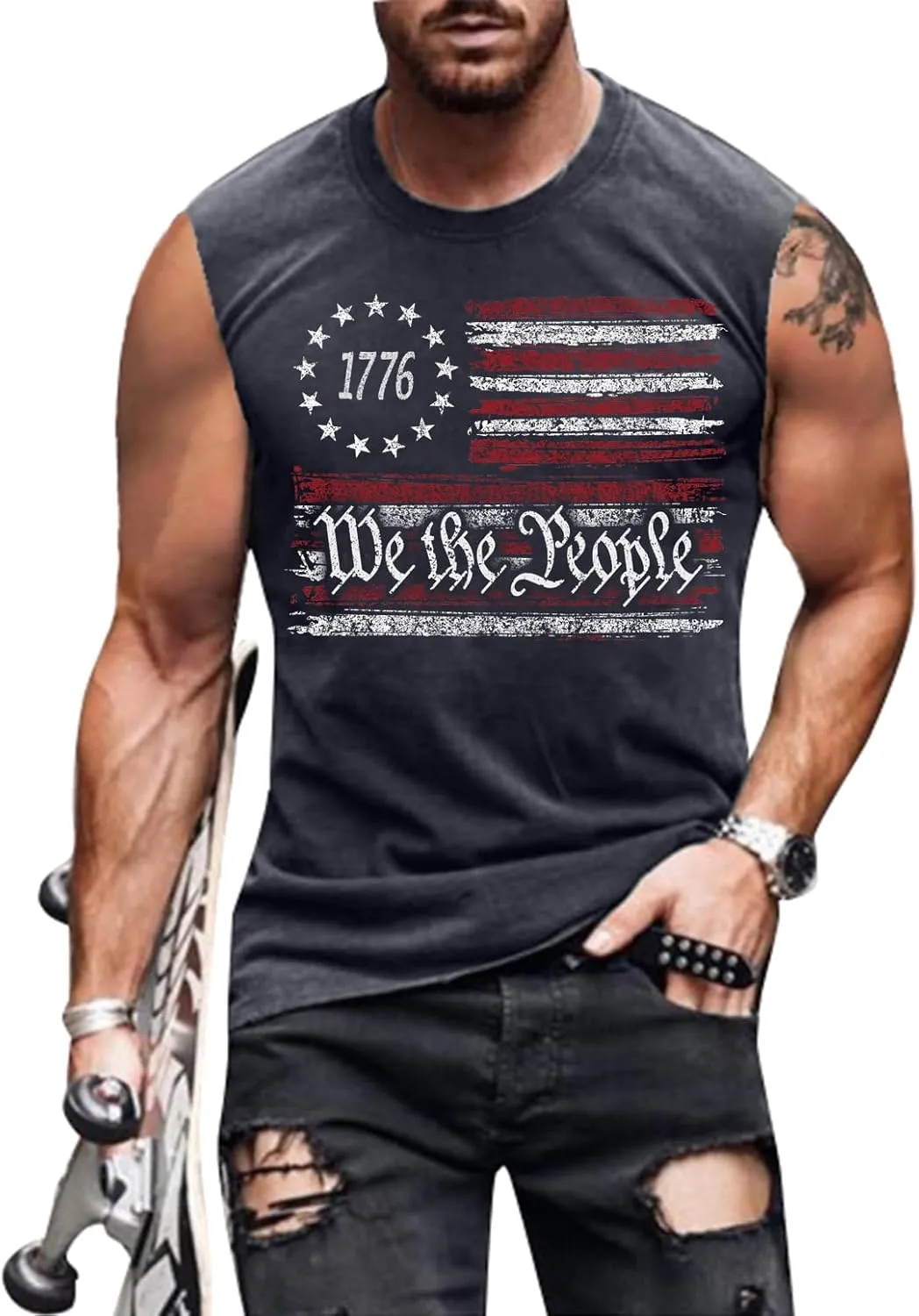 4th of July Shirts Mens Muscle Tank Top 1776 Sleeveless Graphic Gym Workout American Flag Shirt