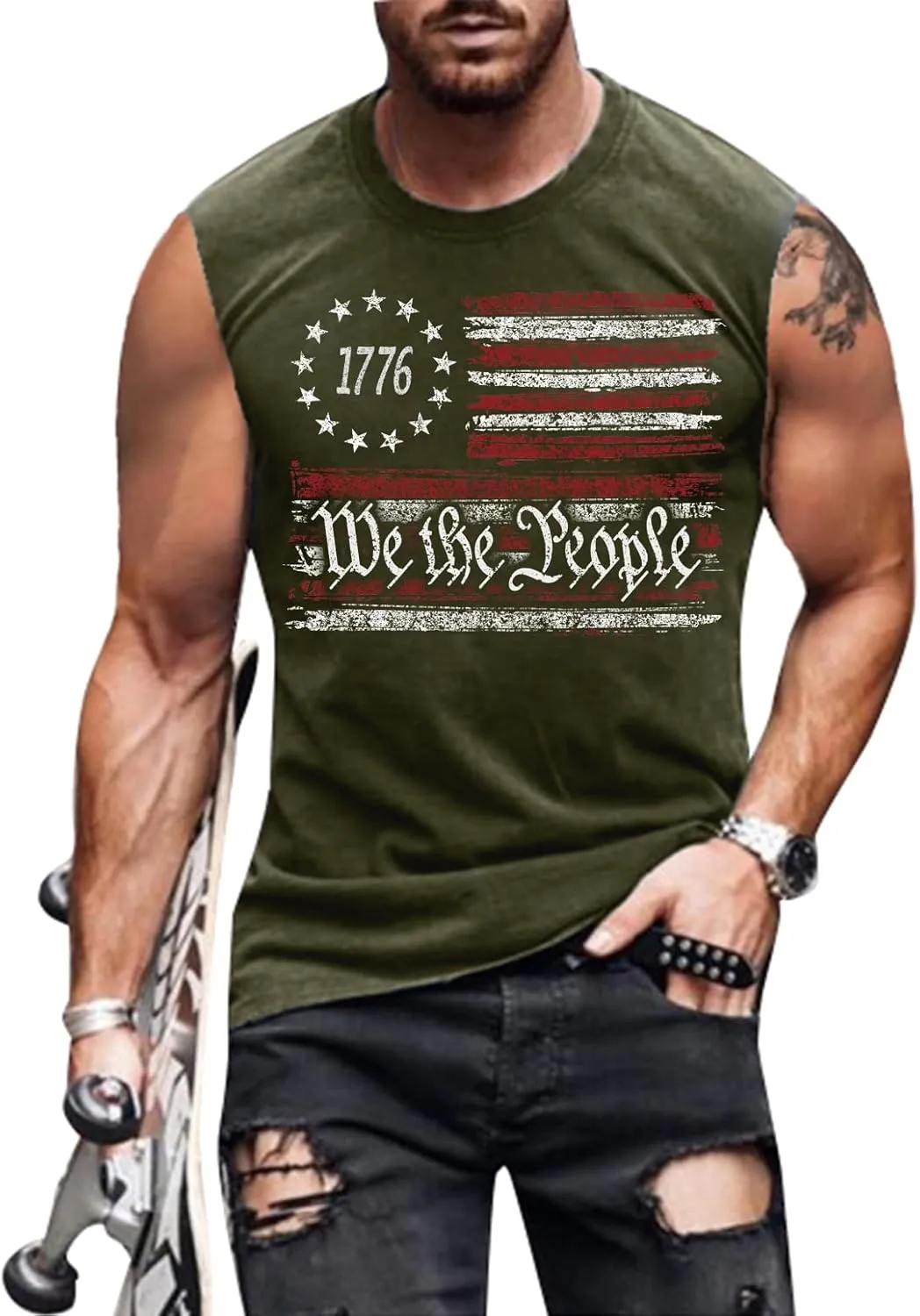 4th of July Shirts Mens Muscle Tank Top 1776 Sleeveless Graphic Gym Workout American Flag Shirt