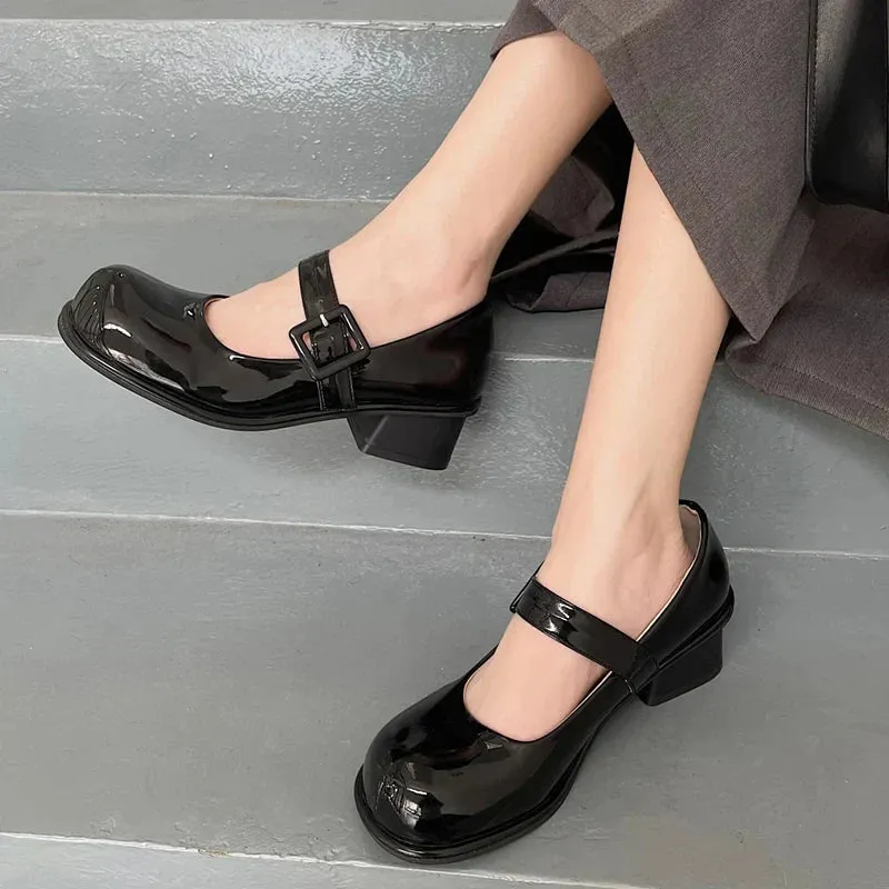AMOZAE- - Classic Elegance Women's Round Toe Ankle Strap Square Heels