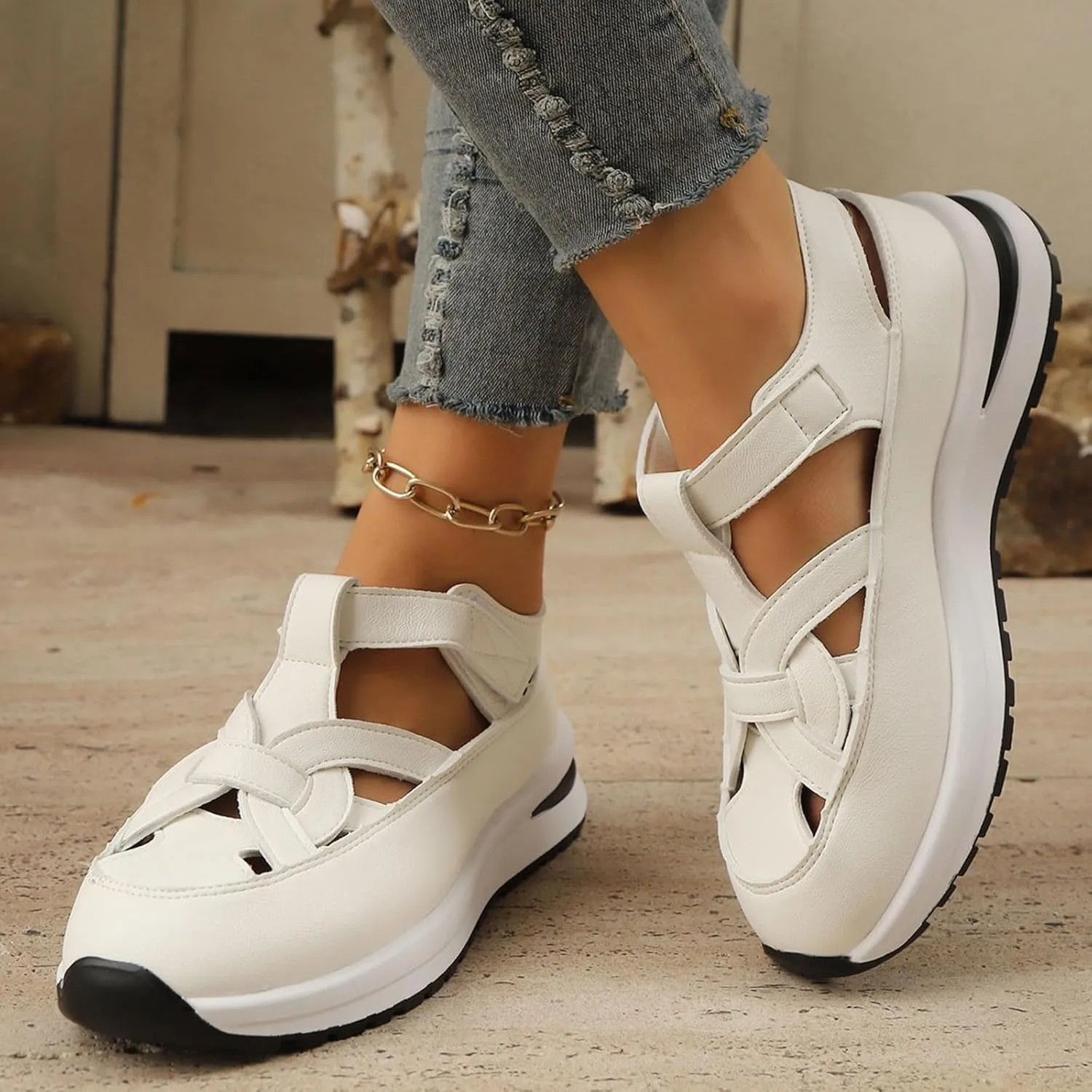 Bootara Women'S Plus Size Hollow-Out Casual Sandals, Closed Toe Platform Sandals Height-Boosting Thick Sole