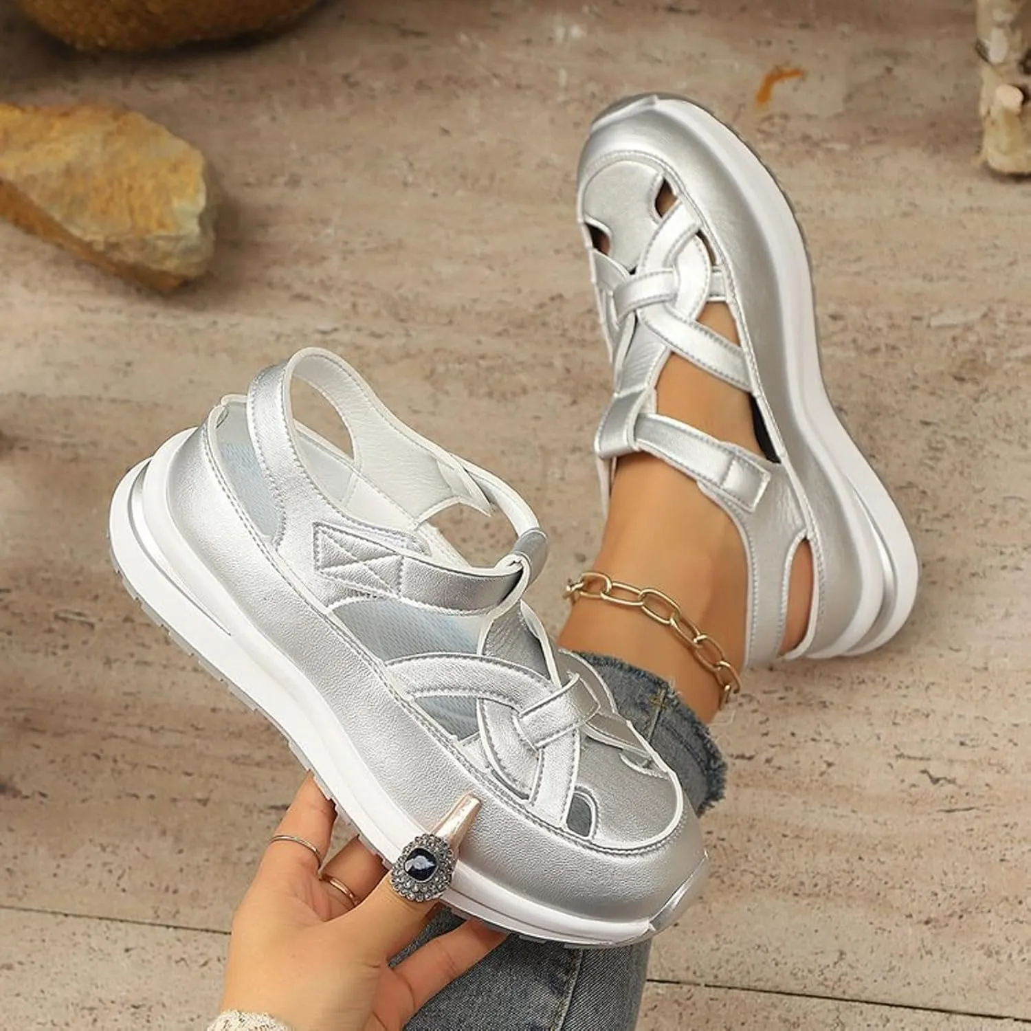 Bootara Women'S Plus Size Hollow-Out Casual Sandals, Closed Toe Platform Sandals Height-Boosting Thick Sole