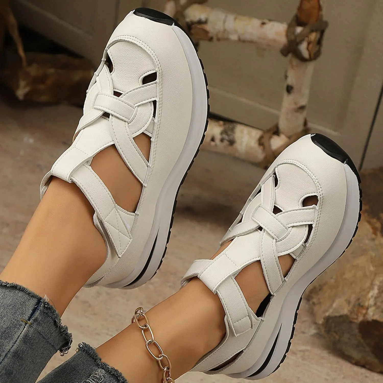 Bootara Women'S Plus Size Hollow-Out Casual Sandals, Closed Toe Platform Sandals Height-Boosting Thick Sole