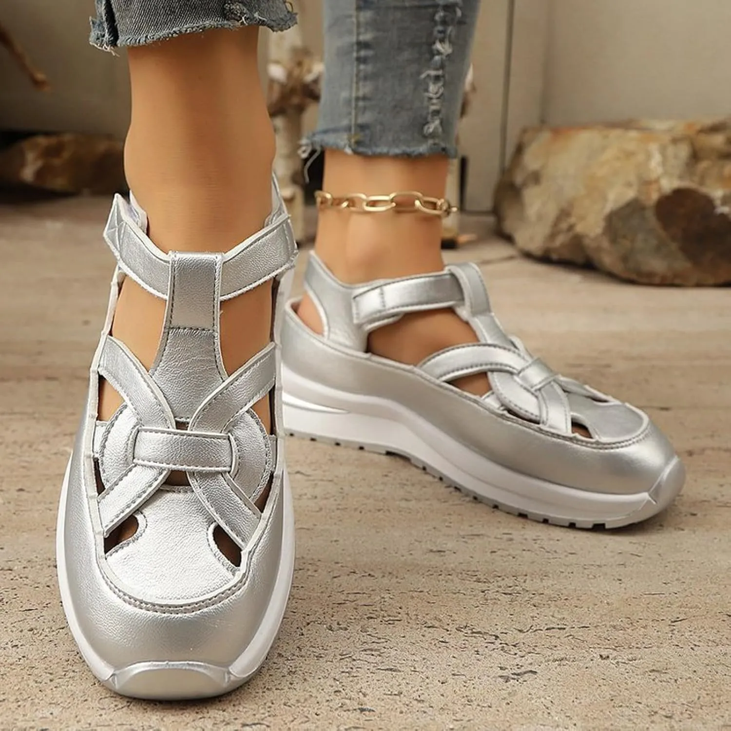 Bootara Women'S Plus Size Hollow-Out Casual Sandals, Closed Toe Platform Sandals Height-Boosting Thick Sole
