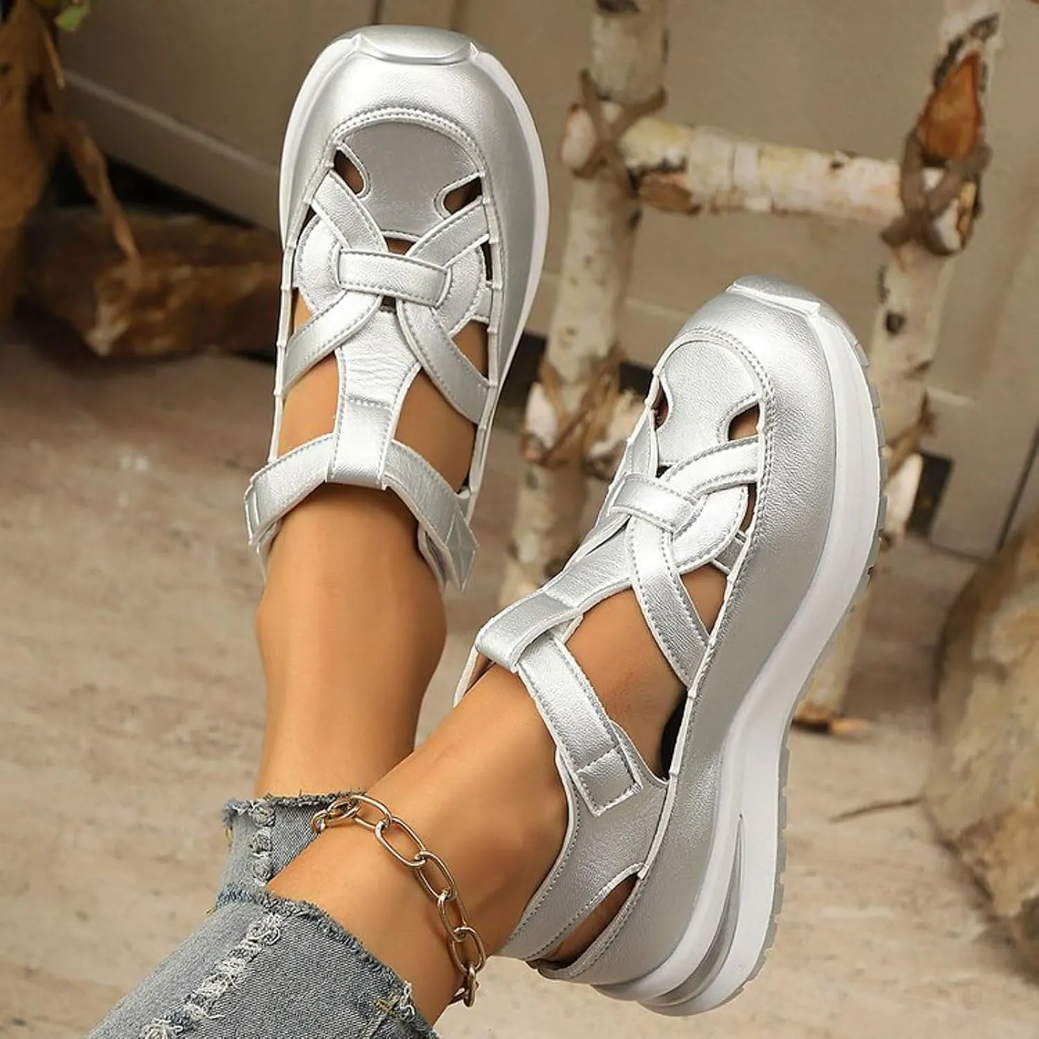 Bootara Women'S Plus Size Hollow-Out Casual Sandals, Closed Toe Platform Sandals Height-Boosting Thick Sole