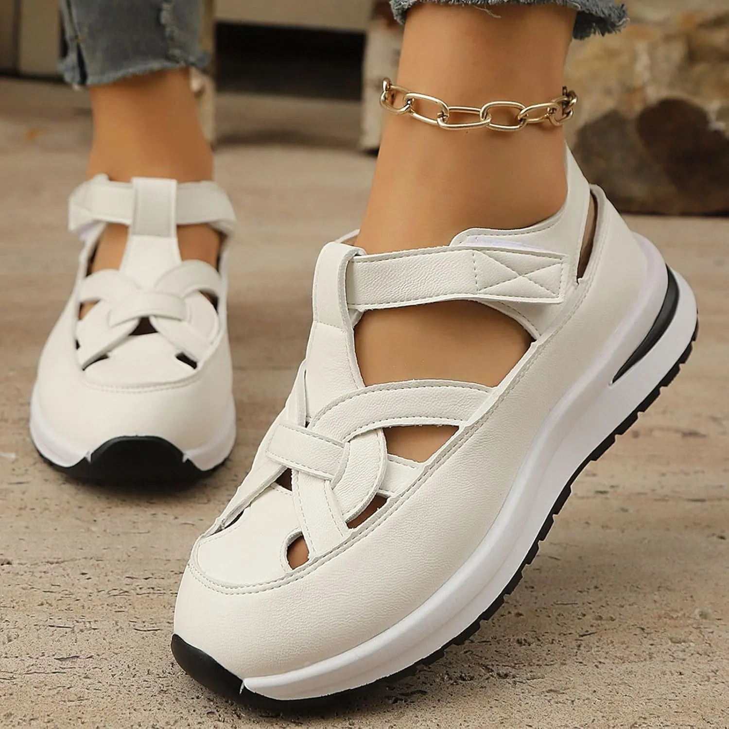 Bootara Women'S Plus Size Hollow-Out Casual Sandals, Closed Toe Platform Sandals Height-Boosting Thick Sole