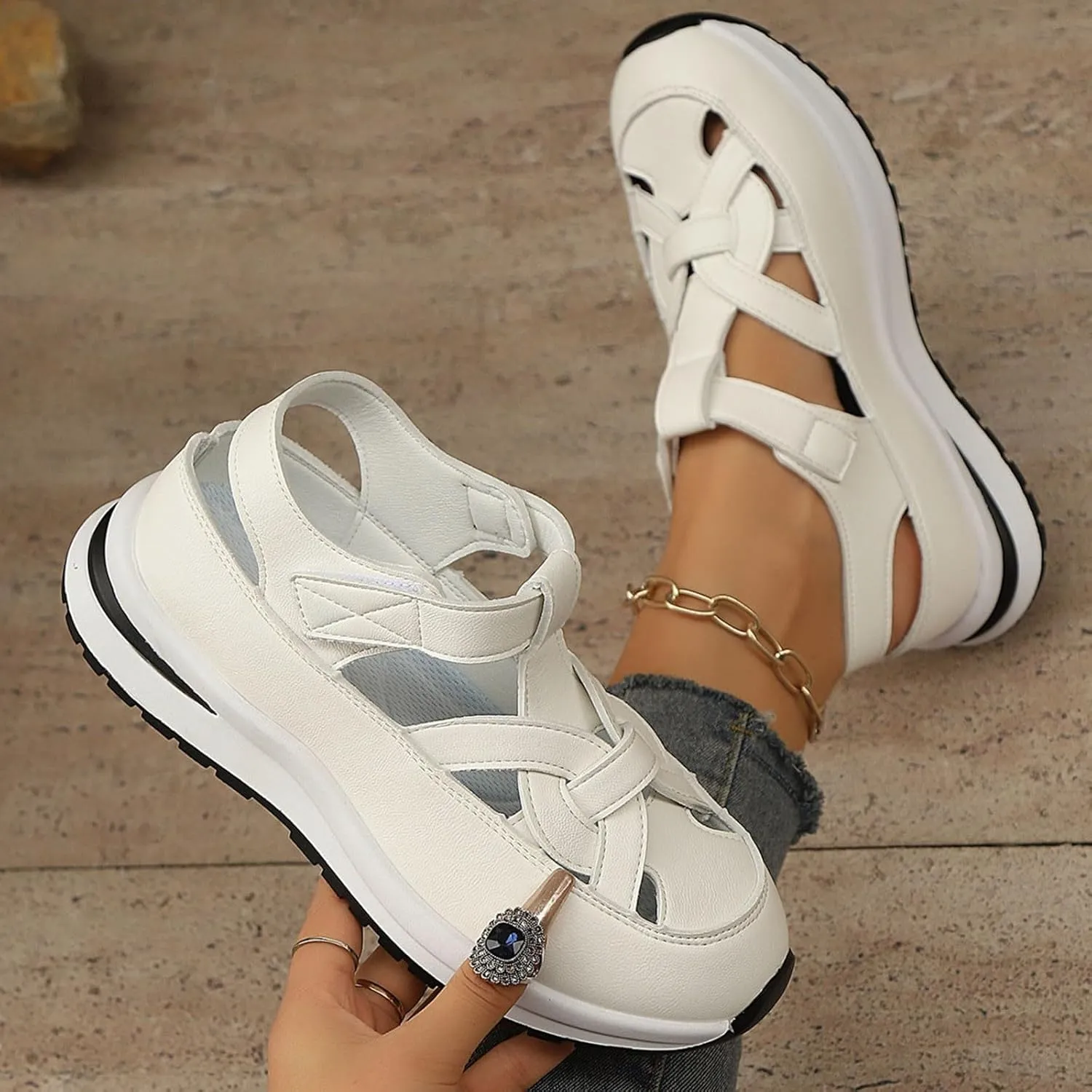 Bootara Women'S Plus Size Hollow-Out Casual Sandals, Closed Toe Platform Sandals Height-Boosting Thick Sole