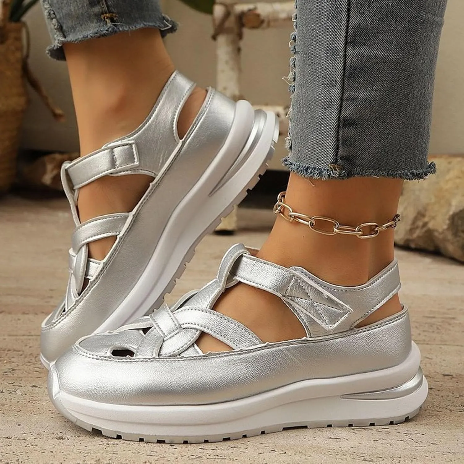 Bootara Women'S Plus Size Hollow-Out Casual Sandals, Closed Toe Platform Sandals Height-Boosting Thick Sole