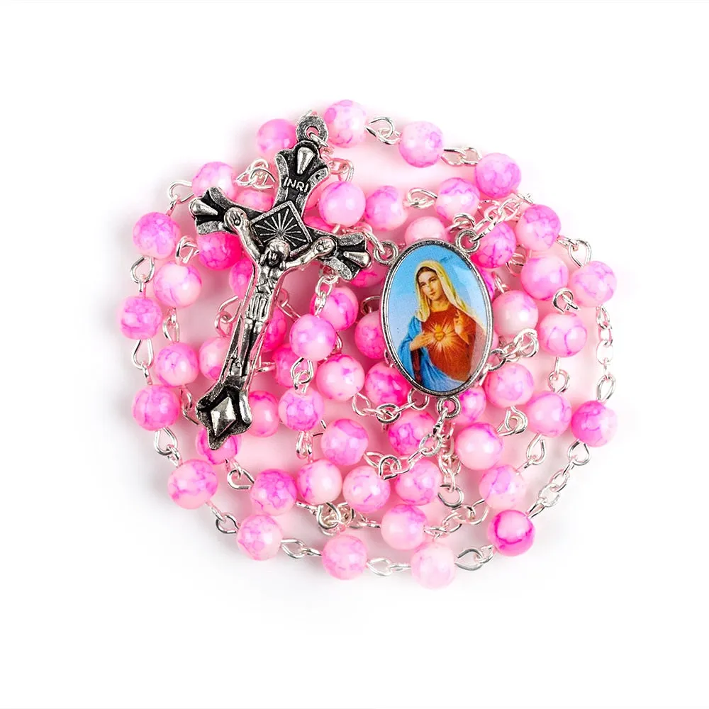 Catholic Rosary Small Size Round Blue Glass Beads Virgin Mary Jesus Necklace Women