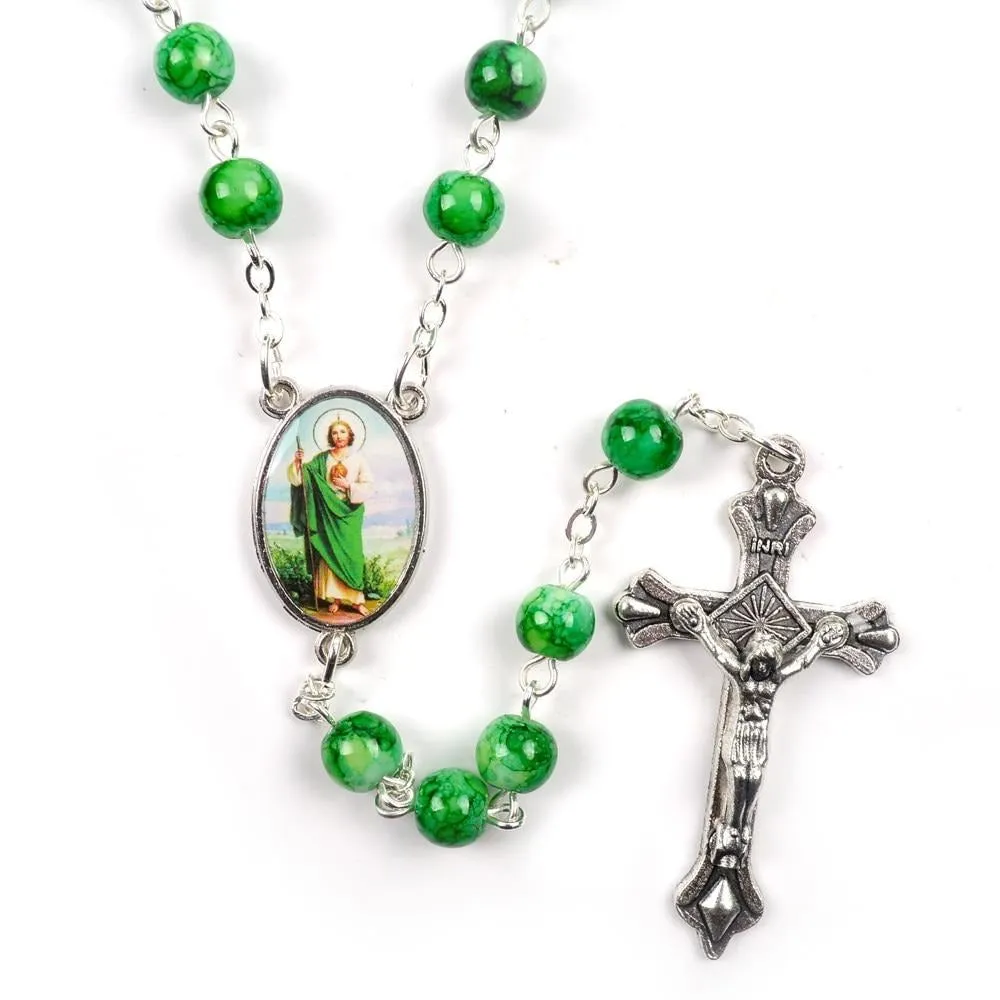 Catholic Rosary Small Size Round Blue Glass Beads Virgin Mary Jesus Necklace Women