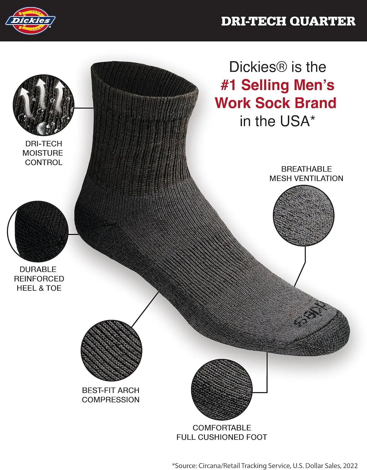 Dickies Men's Dri-tech Moisture Control Quarter Socks, Available in M-XXL (6, 12, 18 Pairs)