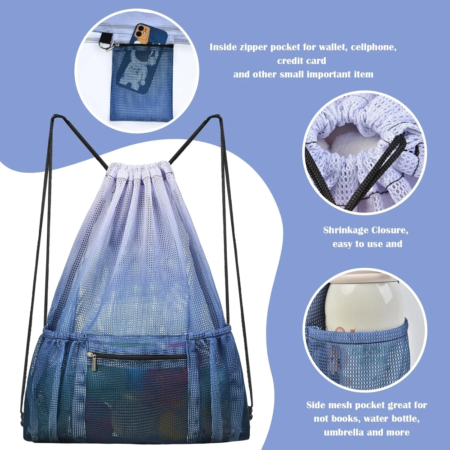 Fiodrimy Mesh Drawstring Backpack Bag Beach Bag with Zipper Pocket Gym Backpack Bag for Swimming Gear Gym Storage Bag for Adult Kids (Grey)