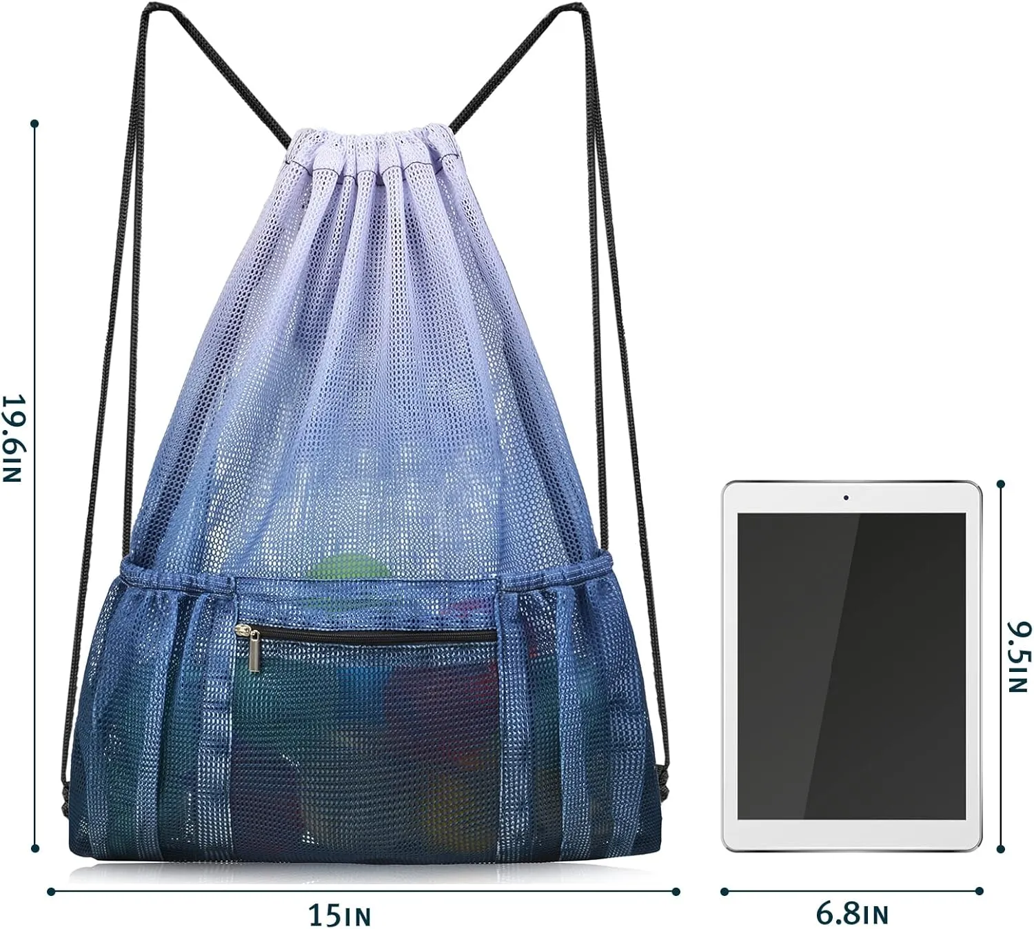 Fiodrimy Mesh Drawstring Backpack Bag Beach Bag with Zipper Pocket Gym Backpack Bag for Swimming Gear Gym Storage Bag for Adult Kids (Grey)