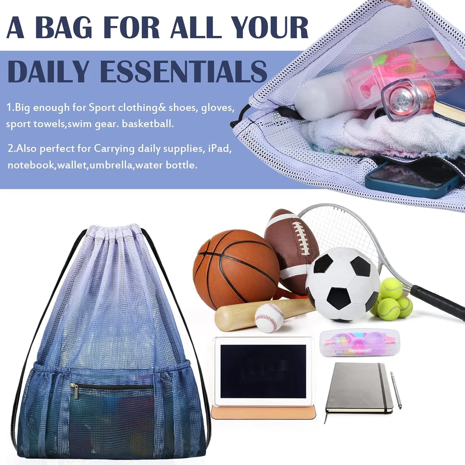 Fiodrimy Mesh Drawstring Backpack Bag Beach Bag with Zipper Pocket Gym Backpack Bag for Swimming Gear Gym Storage Bag for Adult Kids (Grey)