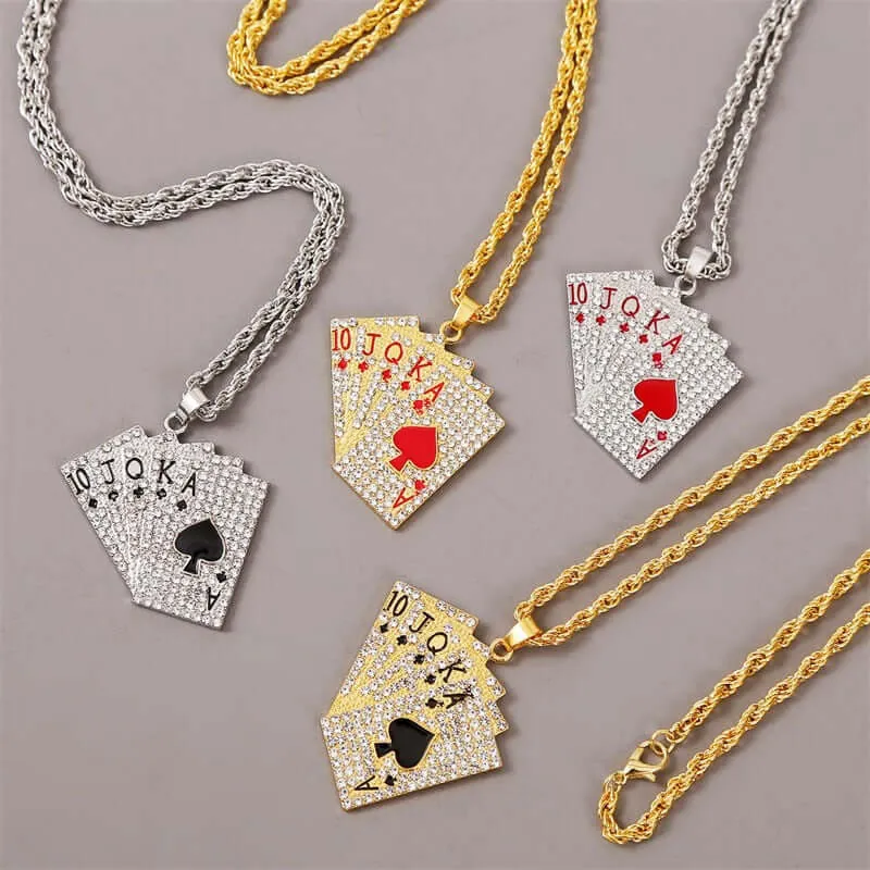 Hip Hop Jewelry Women Men Statement Enamel Playing Cards Pendants Necklaces Hip Hop Jewelry Fashion Gold Silver Color Necklace