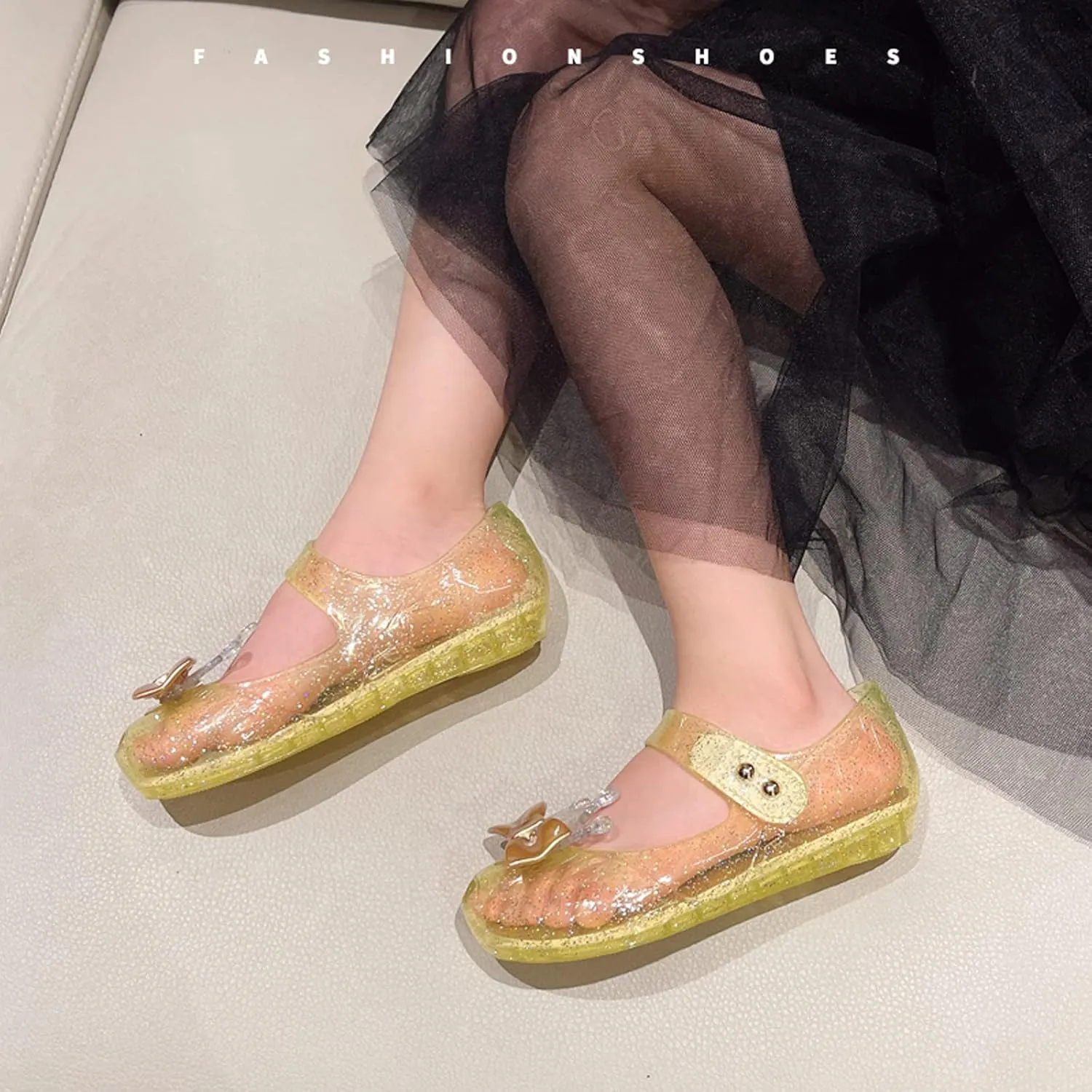 Jelly Shoes for Girls Princess Dress Up Flat Sandals for Toddler Cosplay Clear Glitter Jellies Mary Janes with Bow/Crown