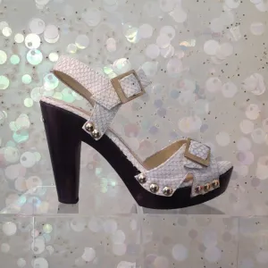 JIMMY CHOO Snake Embossed Leather Wooden Platform High Heel Sandals