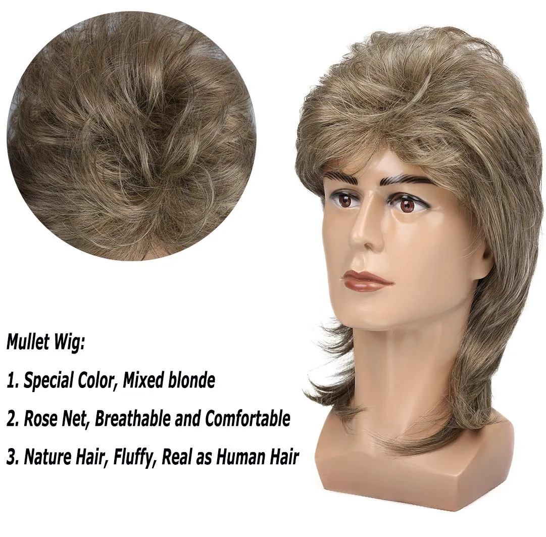 Kaneles Mullet Wigs for Men 80s Costumes Fancy Party Accessory Cosplay Halloween Hair Wig (Blonde)