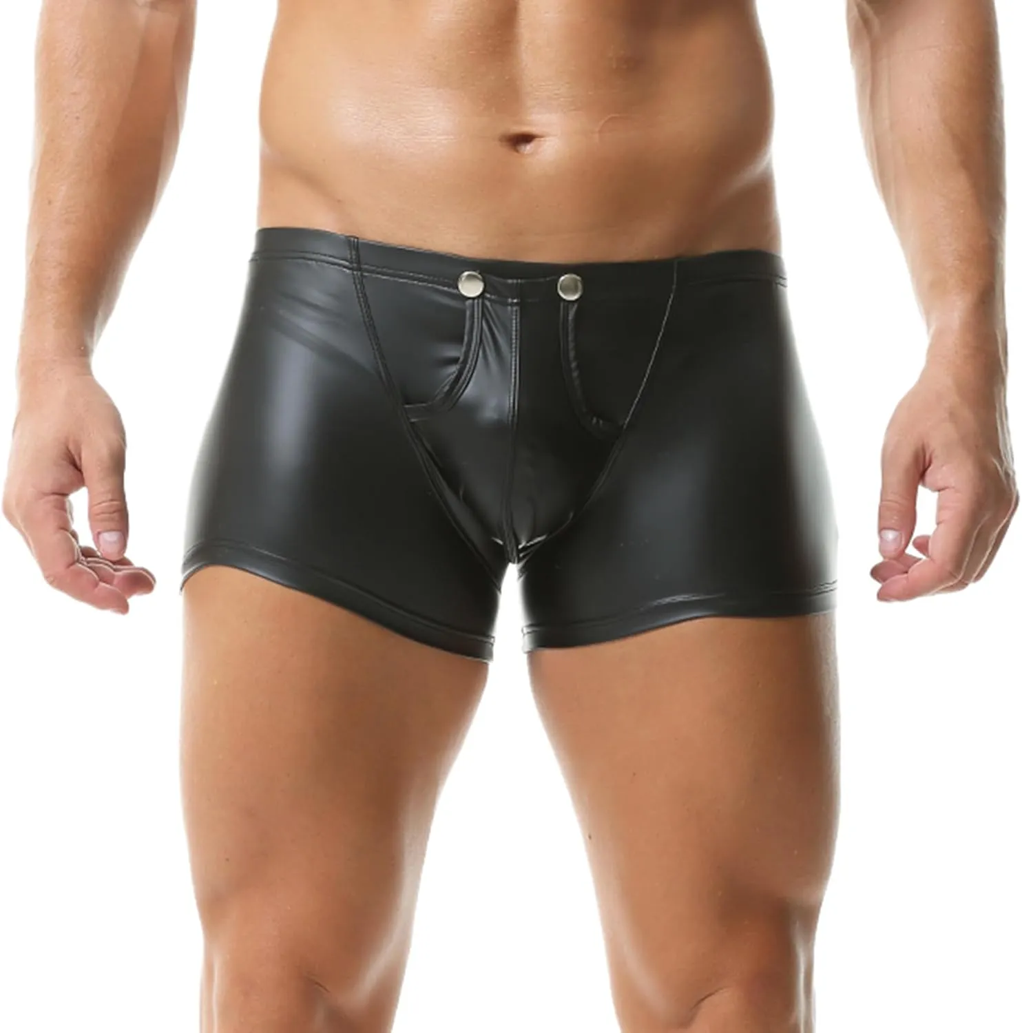 Men's PU Leather Shorts Flat Front Boxer Short Pants Casual Straight Leg Hot Shorts with Pocket & Zipper