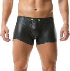Men's PU Leather Shorts Flat Front Boxer Short Pants Casual Straight Leg Hot Shorts with Pocket & Zipper