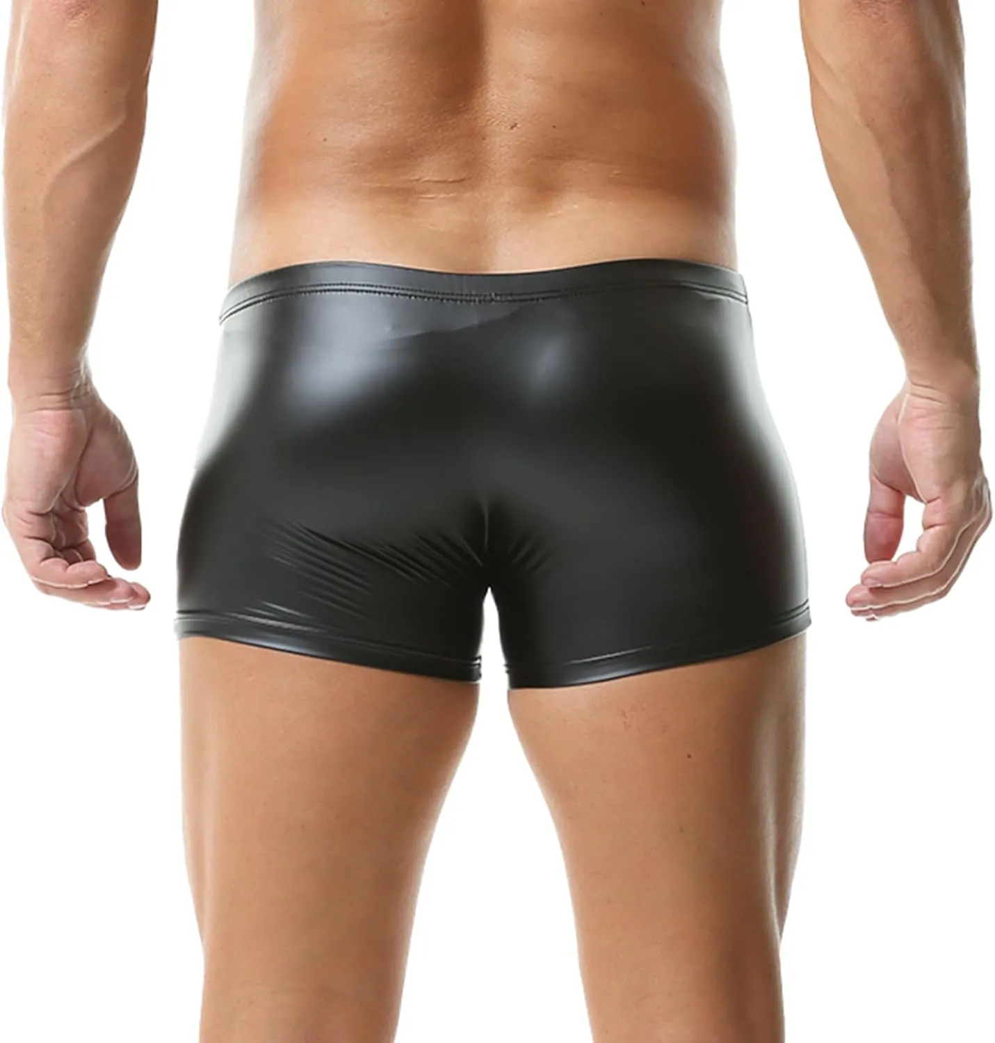 Men's PU Leather Shorts Flat Front Boxer Short Pants Casual Straight Leg Hot Shorts with Pocket & Zipper