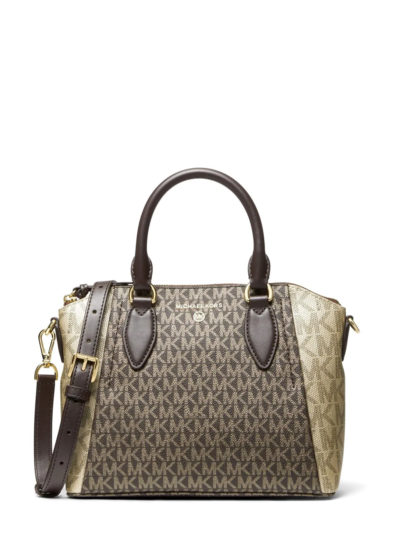 Michael Kors Women's Brown & Pale Gold Sienna Medium Two-Tone Graphic Logo Messenger Bag