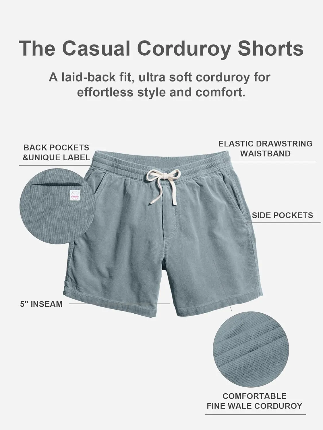 PLEPAN Mens Corduroy Shorts 5 Inch Casual Elastic Waist Drawstring Lightweight Summer Beach Shorts with Pockets