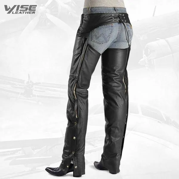 Rugged Lambskin Leather Biker Chaps with Laced Waistband