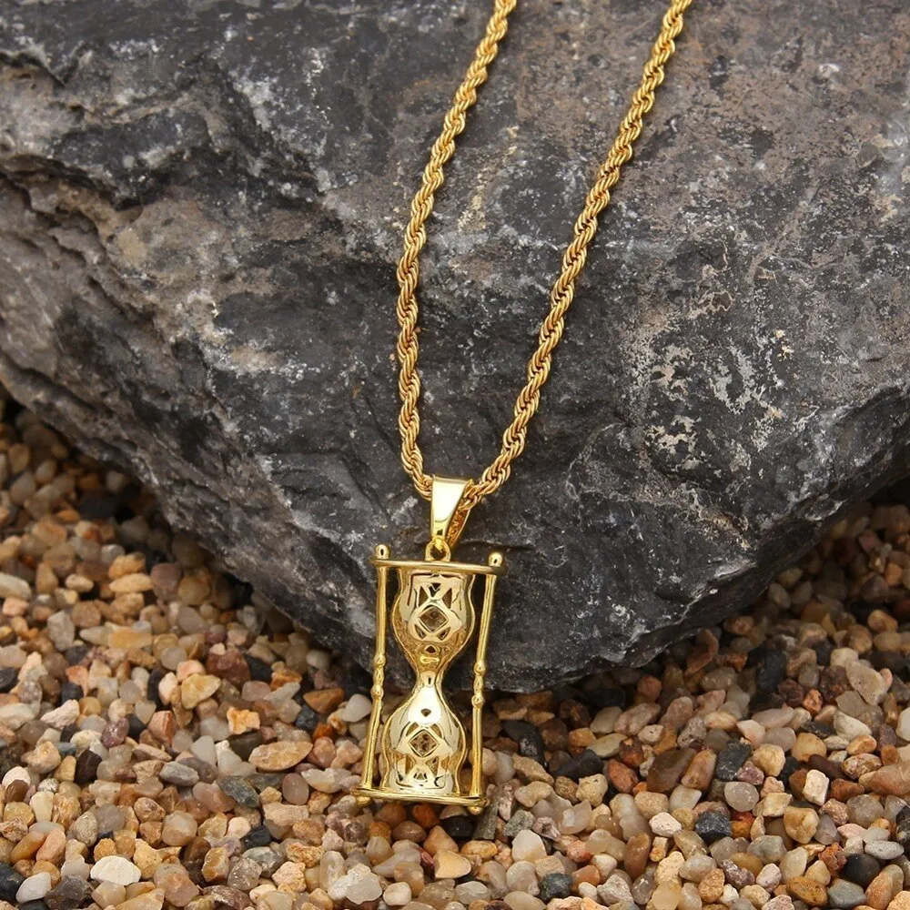 TBTK Hourglass Model Cool Hiphop Pendant Gold Necklace Rap Game Costume Jewelry Pendant Necklace for Man Micro-inlaid Zirconia