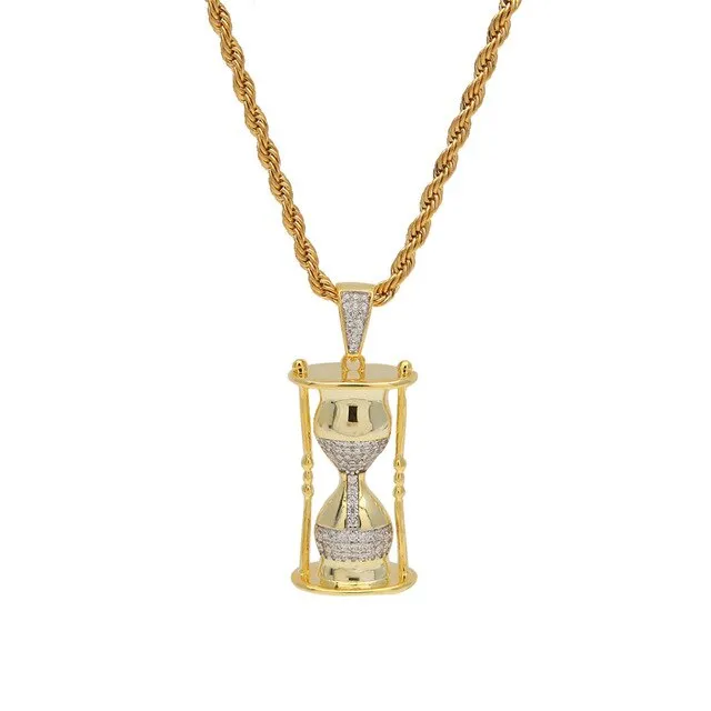 TBTK Hourglass Model Cool Hiphop Pendant Gold Necklace Rap Game Costume Jewelry Pendant Necklace for Man Micro-inlaid Zirconia