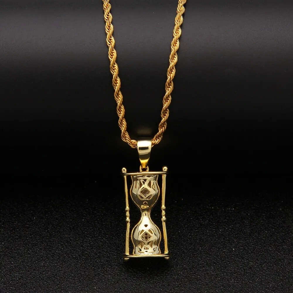 TBTK Hourglass Model Cool Hiphop Pendant Gold Necklace Rap Game Costume Jewelry Pendant Necklace for Man Micro-inlaid Zirconia