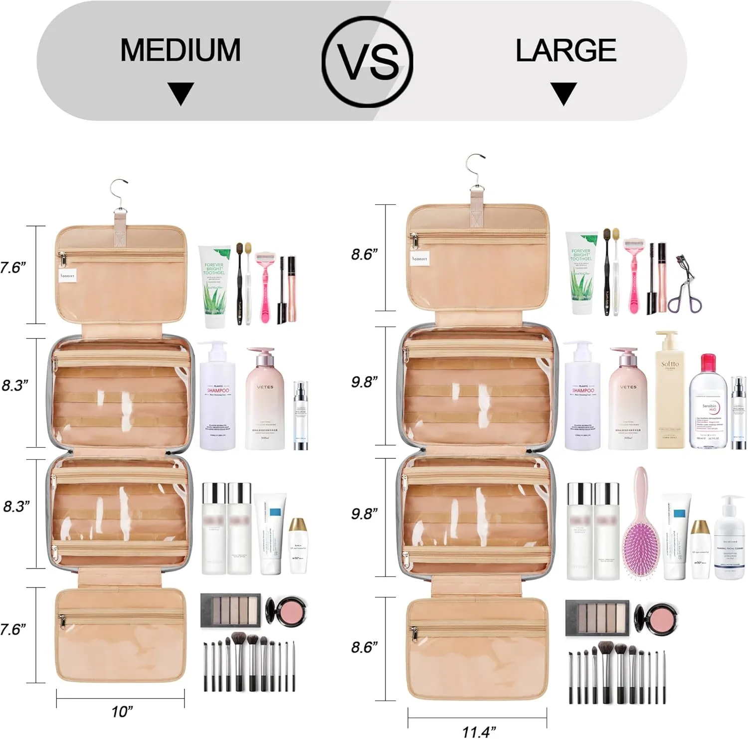 Travel Hanging Toiletry Bag for Women, Holds Full-Size Shampoo, with Jewelry Organizer Compartment, Extra Large Makeup Bag, Waterproof Cosmetic Bag, Toiletries Kit Set with Trolley Belt, Grey