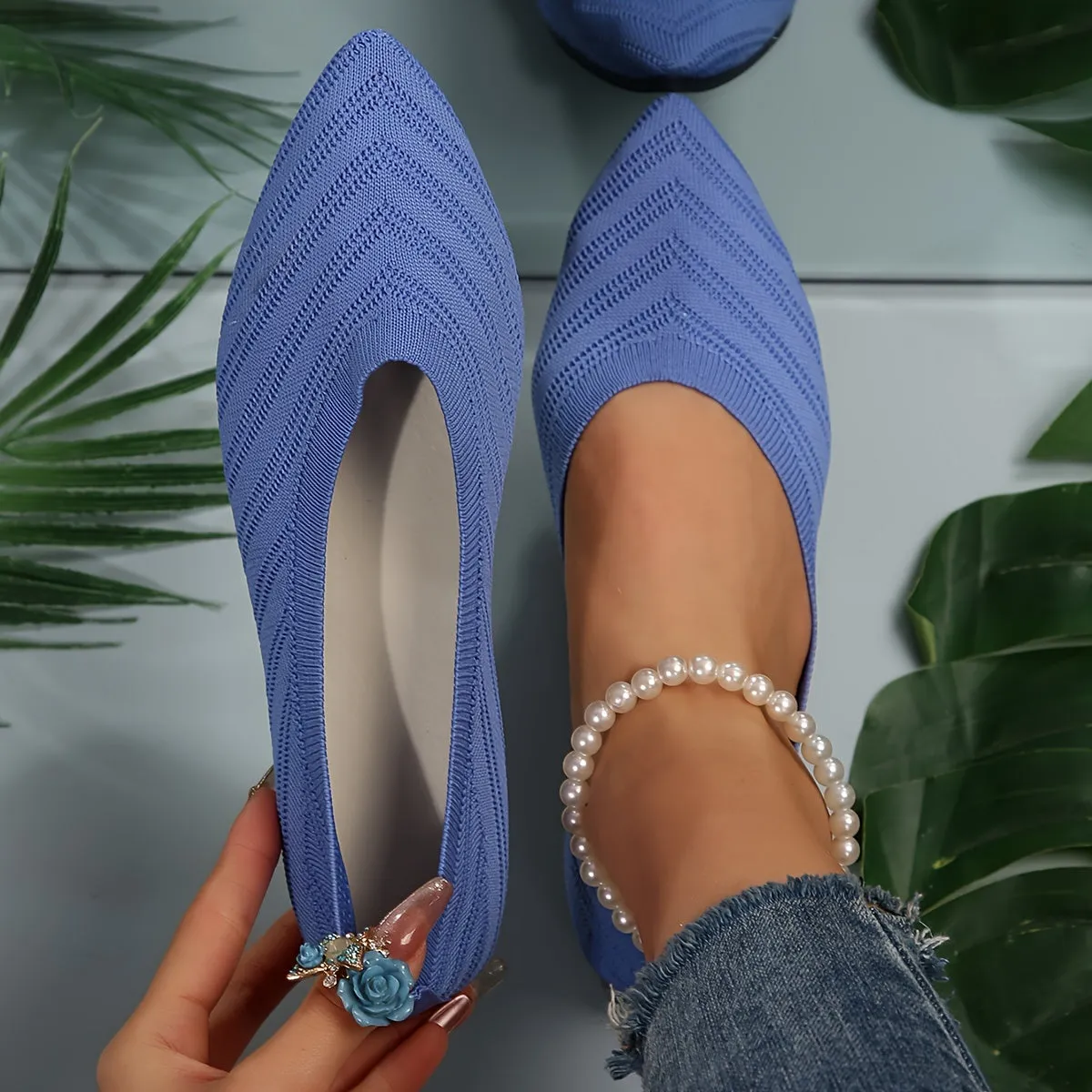 Women's Pointed Toe Flat Shoes, Solid Color Knitted Slip On Shoes, Casual Breathable Ballet Flats